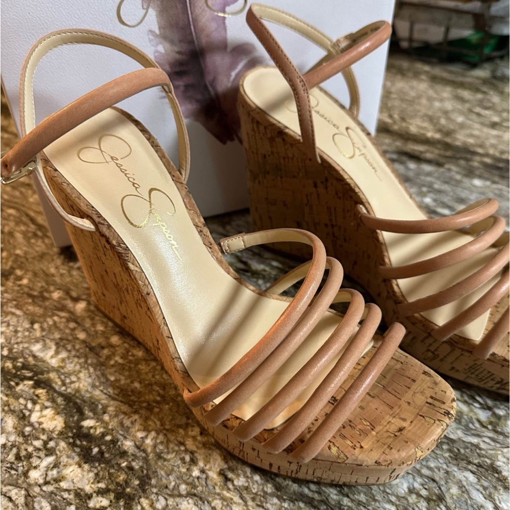 Jessica Simpson Cork and Tan Wedge Sandals